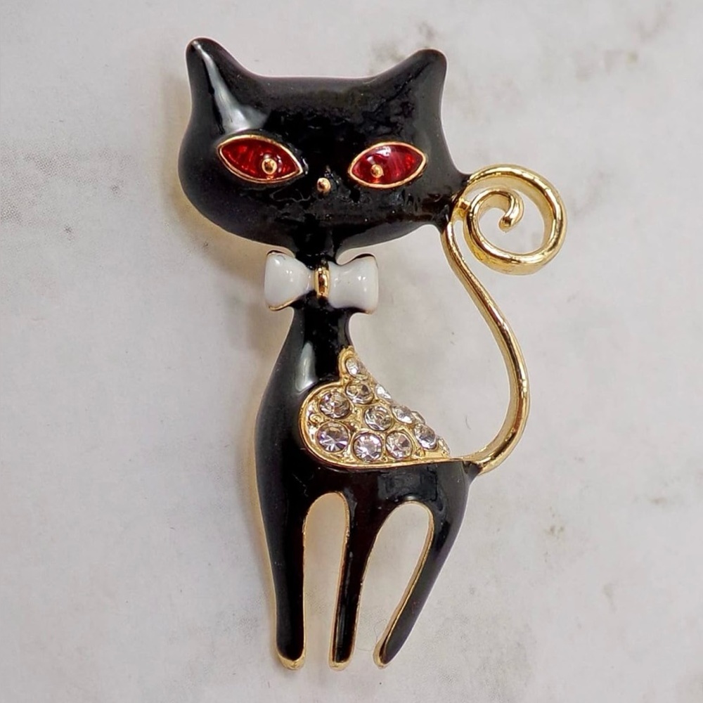 Elegant Black Cat Brooch pin with Gold Accents and crystals